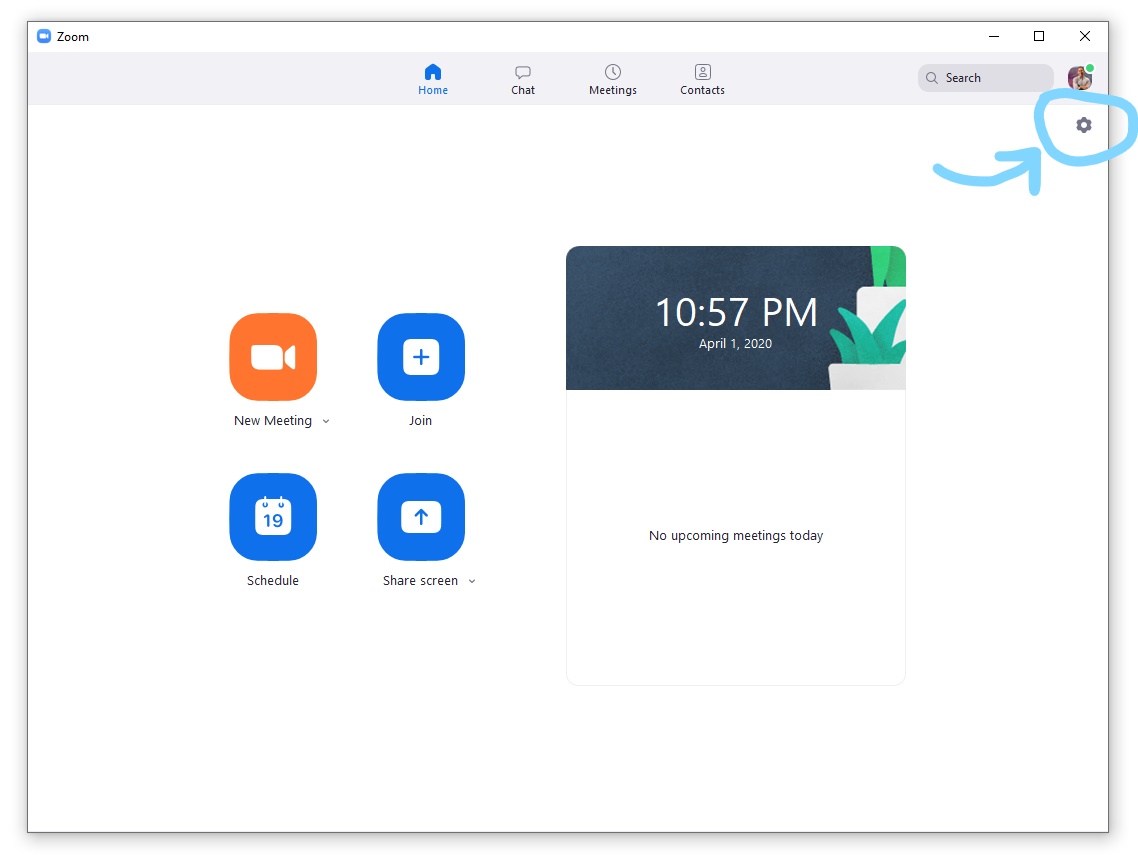 Screenshot of Zoom pointing to the Settings gear in the top right